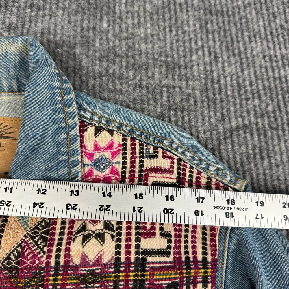Vtg CULTURE on denim Jean Trucker Jacket Womens M Guatemalan Woven Textile Boho - Picture 12 of 16